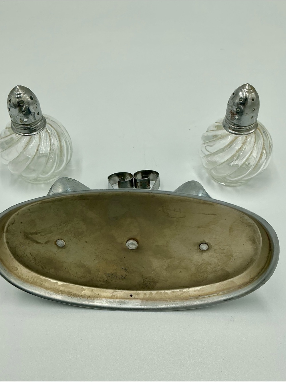 Vintage Silver Tone Clear Glass Mini Salt and Pepper Shakers On Silver Tone Tray - Picture 10 of 11